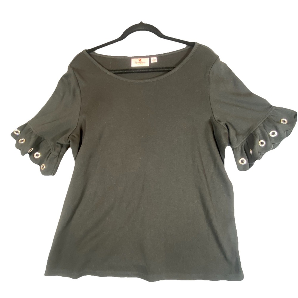 Quacker Factory Top Shirt Large Silver Grommets Ruffle Elbow‎ Sleeves Black Soft